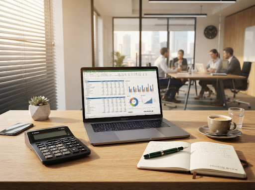 Estudio contable MP & GG con laptop y balances en Resistencia